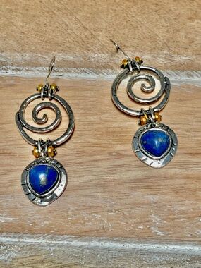 Sterling-Style Spiral Drop Earrings with Blue Stone